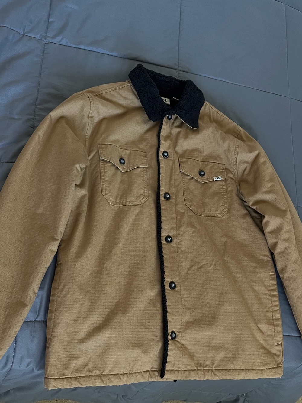 Men's Tan Sherpa-Lined Work Jacket with Black Collar